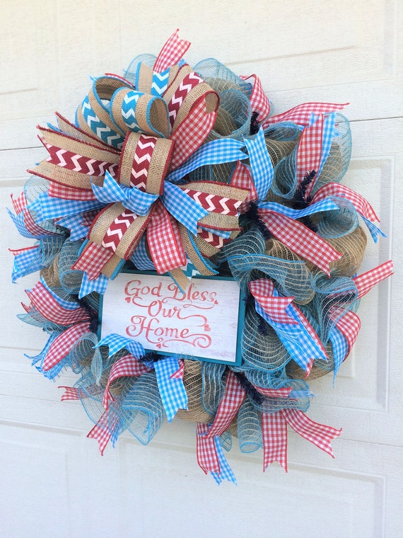 Summer Wreath For Front Door Patriotic Wreath Summer Wreath Etsy