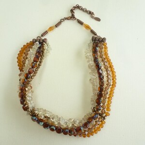 6-row French necklace, Satellite Paris, vintage 90s, glass and metal, transparent, brown and topaz colors.