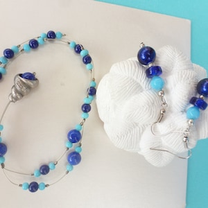 Vintage French set 80/90 Marc Labat &quot;shell&quot;, metal and glass, turquoise blue, dark blue and silver colors.