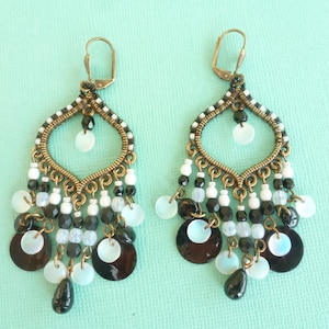 Boho hippie chic earrings &quot;Black and white pastilles&quot;, metal, glass and shell, black, white and bronze colors.