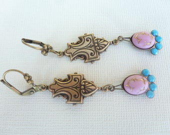 Art Deco earrings, brass, glass and Swarovski crystal, bronze, pink and turquoise blue colors.