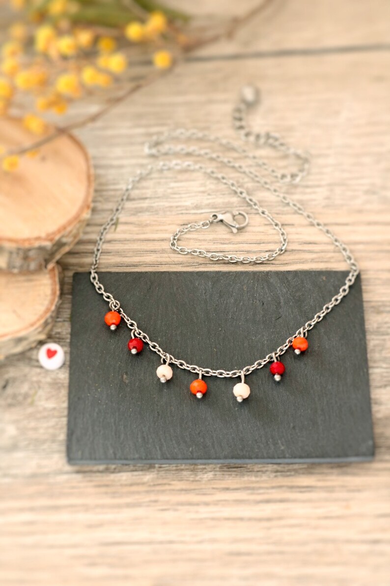 white and orange pastel Short neck necklace silver stainless steel beads light bohemian red