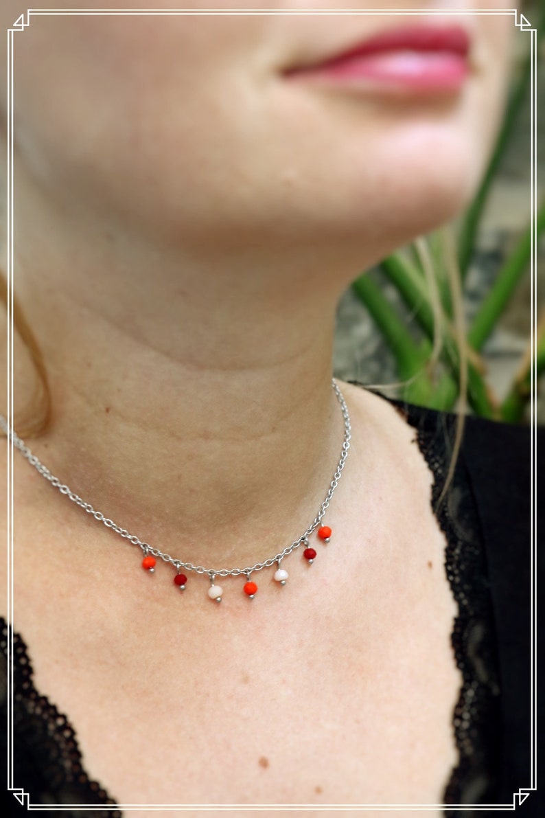 white and orange pastel Short neck necklace silver stainless steel beads light bohemian red