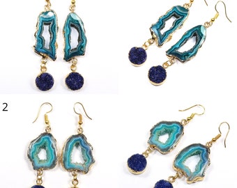 A-14873 Fabulous Handmade Agate Slice Druzy Earrings DIY Component Pairs Gold Edge With Electroplated Earring Double Bail Connect Earrings