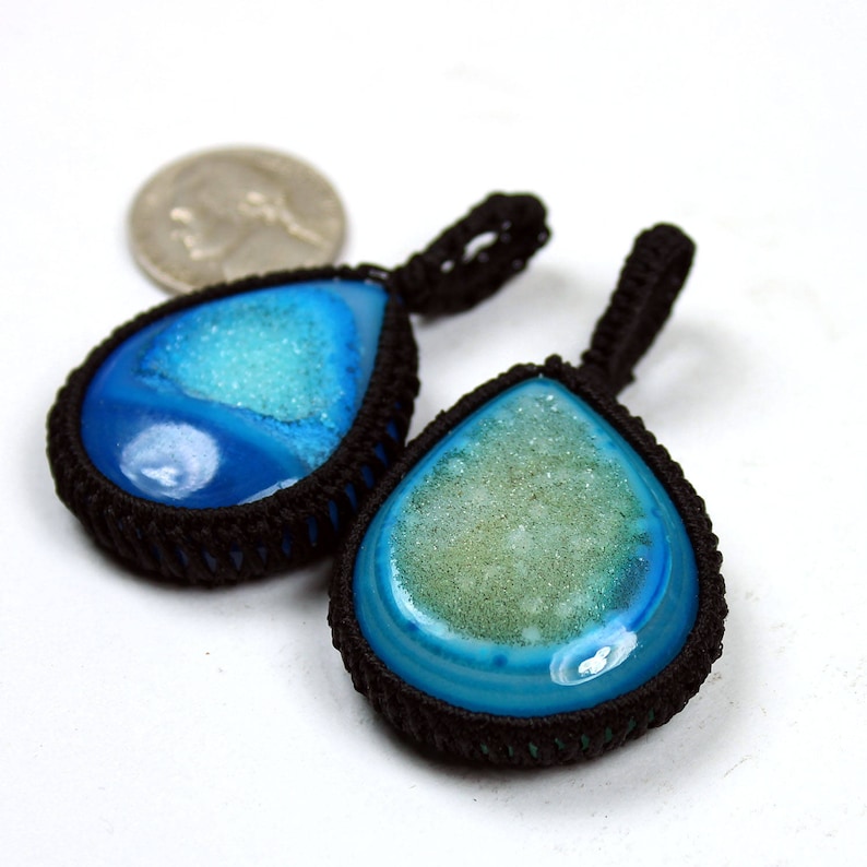 41x33mm Blue Druzy Cab Macrame Pendant 2 Pcs of 167Cts Gemstone Thread Pendant Handmade Macrame Gemstone Jewelry #SKU1746
