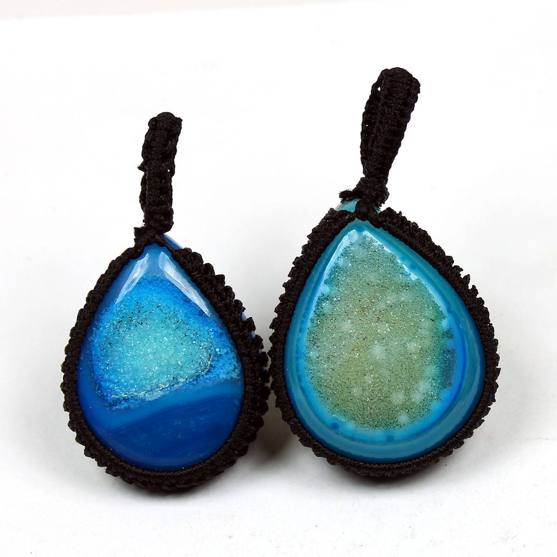 41x33mm Blue Druzy Cab Macrame Pendant 2 Pcs of 167Cts Gemstone Thread Pendant Handmade Macrame Gemstone Jewelry #SKU1746