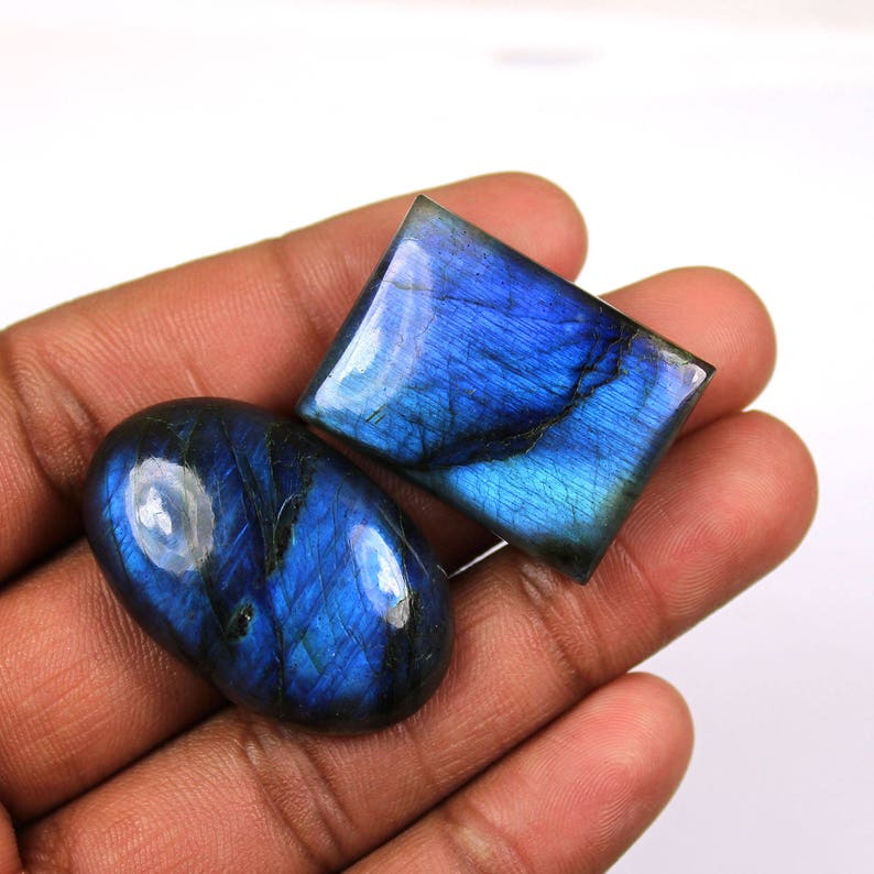 37x23mm Natural Blue fire Labradorite Cabochons Spectrolite Blue Labradorite Jewelry Making Loose Gemstone #SKU1839 2 Pcs Of 143Cts
