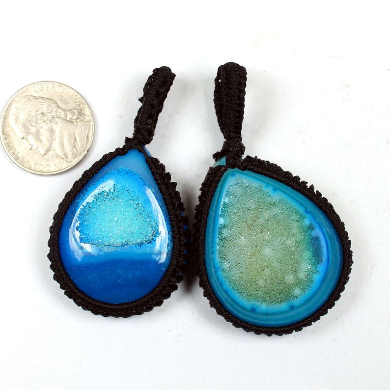 41x33mm Blue Druzy Cab Macrame Pendant 2 Pcs of 167Cts Gemstone Thread Pendant Handmade Macrame Gemstone Jewelry #SKU1746