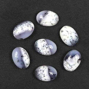Puede incluir: Seis cabujones de ópalo dendrítico de forma ovalada dispuestos en un patrón circular. Cada piedra presenta una superficie lisa y pulida con una base blanca translúcida y gris claro, acentuada por inclusiones oscuras tipo helecho.