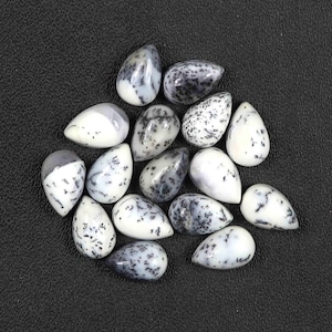 Pode incluir: Uma coleção de pedras preciosas de opala dendrítica em forma de gota. As opalas são principalmente brancas com inclusões dendríticas pretas e cinzentas. As pedras estão dispostas sobre uma superfície preta.