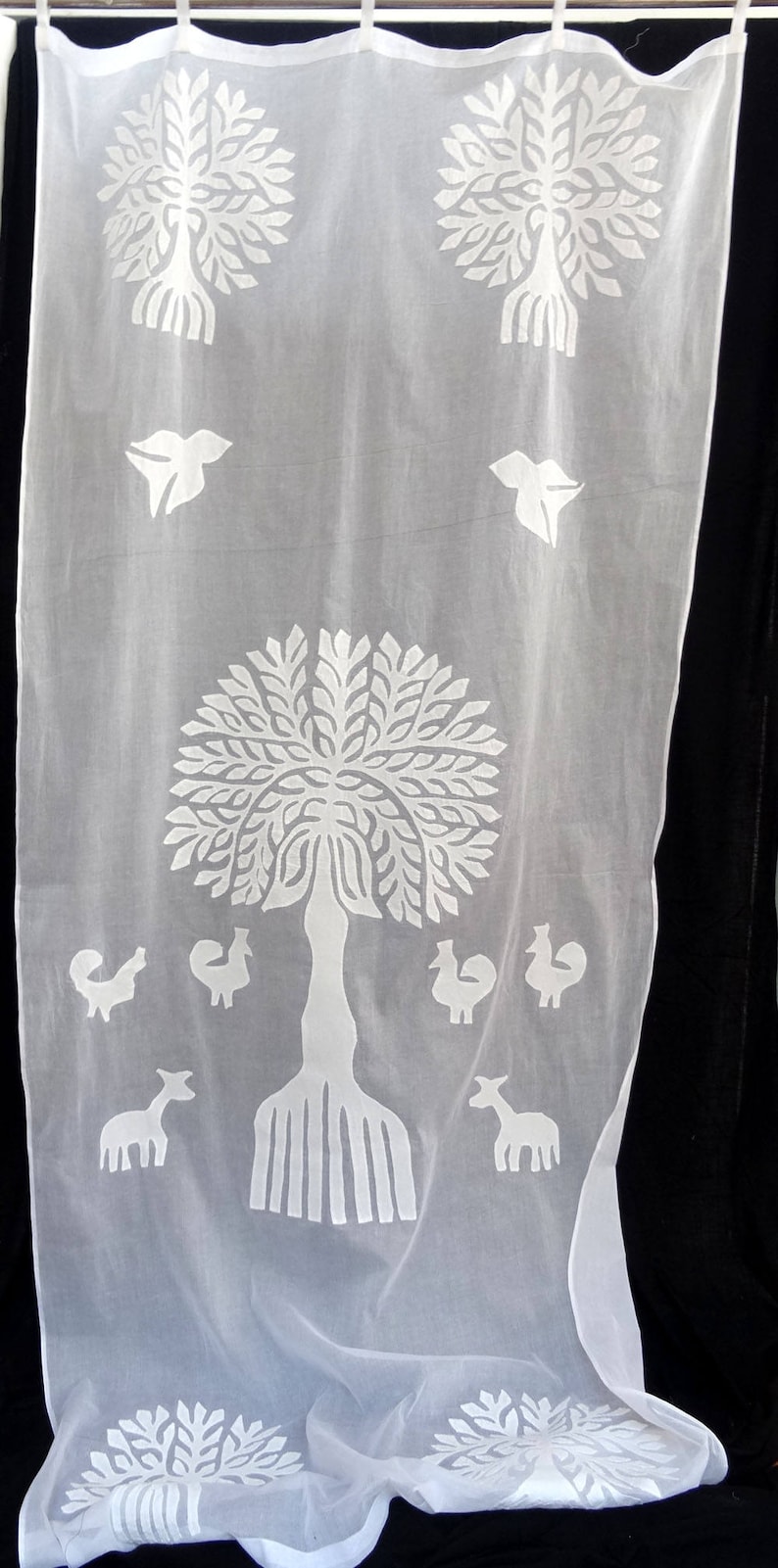 COTTON AND ORGANDI white with cutout and applique of a tree of life pattern