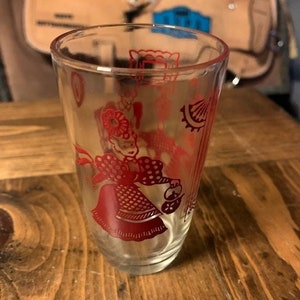 Vintage Juice Glass Featuring Women in Red Dresses, Gay Fad