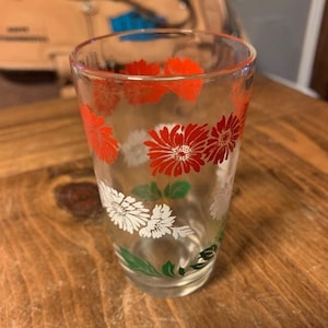 Vintage Juice Glass Featuring Red and White Flowers