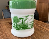 Vintage Milk Glass River Boat Scene White Canister with Green Lid, Cigar Humidor