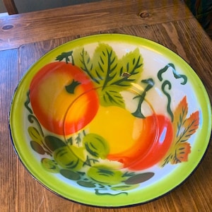 Large Enamelware Mixing Bowl with Red, Yellow and Green Fruit