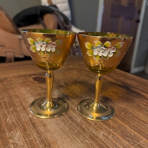 Set of 2 Vintage Gold Floral Small Wine Glasses