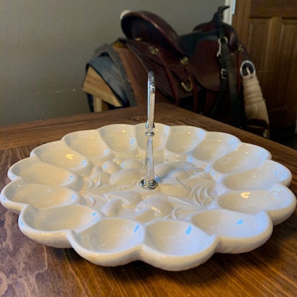 Deviled Egg Plate with Mushroom Pattern and Silver Handle