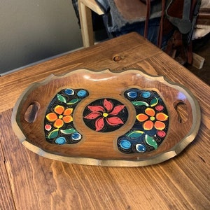 Mexican Folk Art Tole Tray, Painted Wooden Tray with Handles