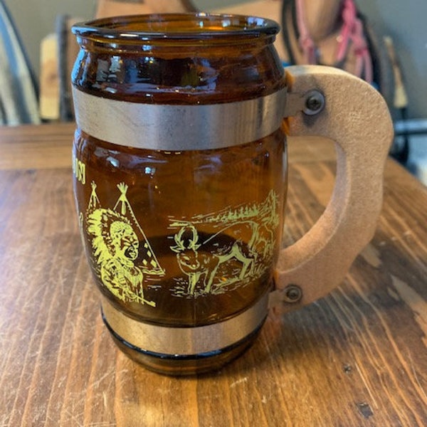 Vintage Brown Glass Siesta Ware Style Mug Wood Handle Wisconsin