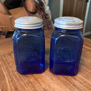 Cobalt Blue Glass Salt and Pepper Shaker Set, Embossed Lettering, Depression Glass Style