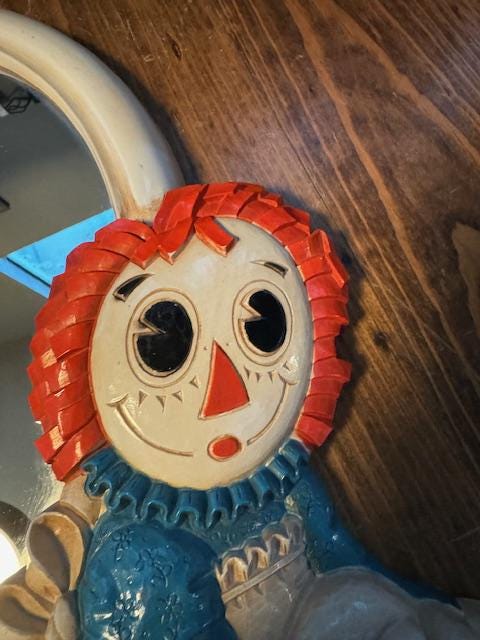 Vintage 'raggedy Ann and Raggedy Andy' Molded Plastic Mirror, C