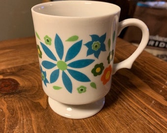 Vintage Blue, Green and Orange Floral Coffee Cup