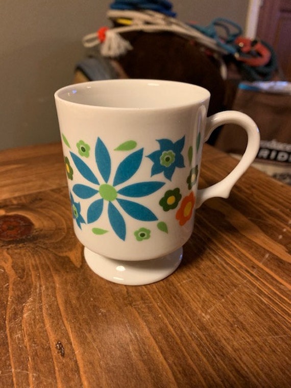 Vintage Blue, Green and Orange Floral Coffee Cup
