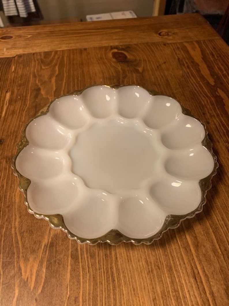 Fire King White Milk Glass Deviled Egg Dish with Gold Trim Etsy