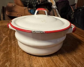 White with Red Accents Enamel Pot with Lid