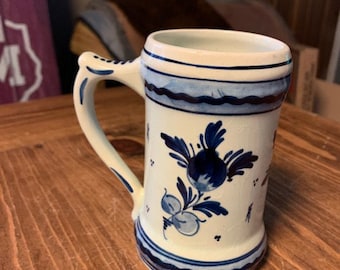 Blue and White Hand Painted Floral Beer Stein from Holland