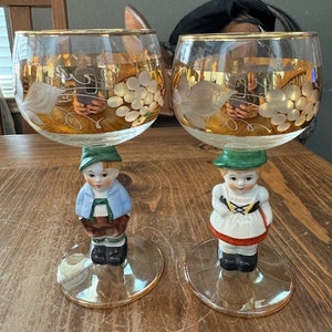Set of 2 Boy and Girl Goebel West German Etched Crystal Wine Glasses, Hummel Stem Glass