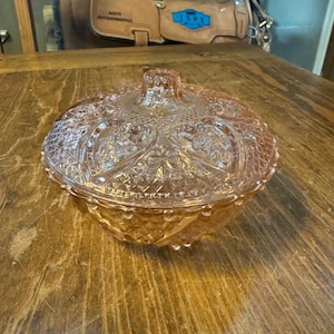 Vintage Pink Glass Powder Box or Trinket Dish Heart Pattern 5 Inch Diameter Circa 1960