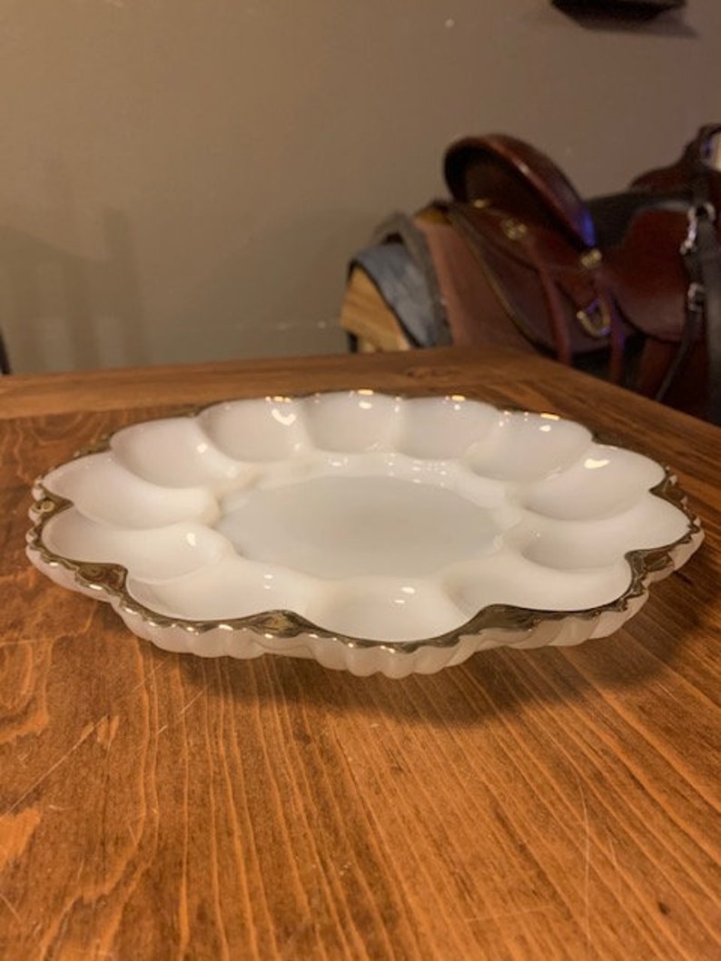 Fire King White Milk Glass Deviled Egg Dish with Gold Trim Etsy