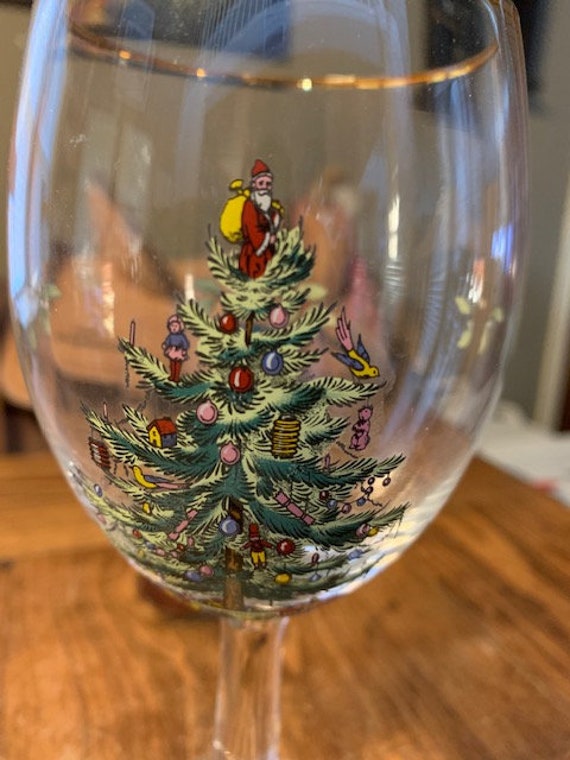 Spode Christmas Tree 19 oz Stemless Wine Glasses Gold Rim Set of 6 NEW