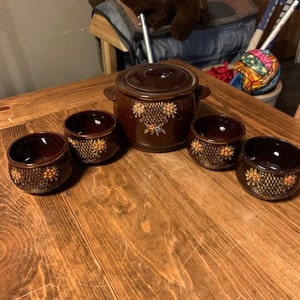 Brown Ardco Covered Soup Pot with 4 Soup Bowls