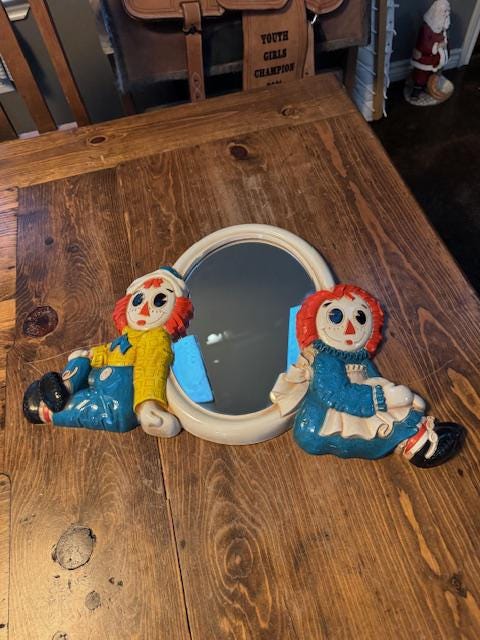 Vintage 'raggedy Ann and Raggedy Andy' Molded Plastic Mirror, C