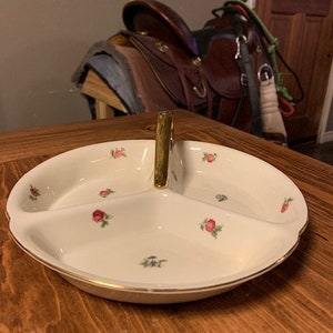 Vintage 3 Part Relish Dish China Serving Tray Center Handle Hand Painted Gold Three-Sided Serving Dish