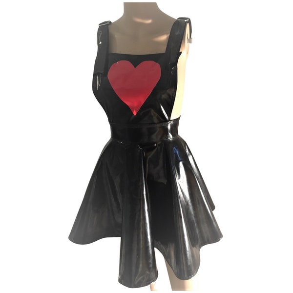 PVC Love Heart Dungaree Pinafore Sissy Maid Apron Overalls Skater skirt Dress All Sizes