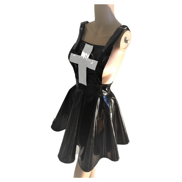 Vinyl PVC Nurse Dungaree Pinafore Sissy Maid Apron Overalls Gothic Skirt Skater Dress All Sizes