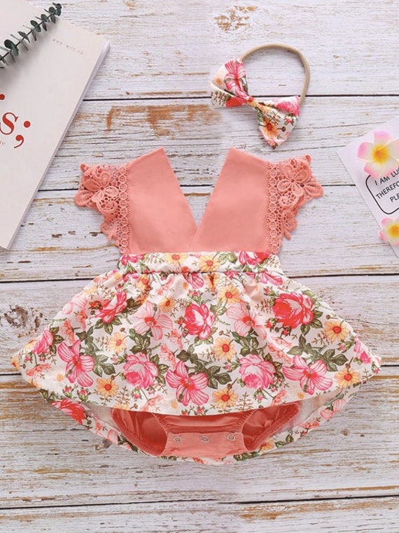 Baby Girl Floral Lace Coral Combo Bodysuit Dress with Headband Etsy