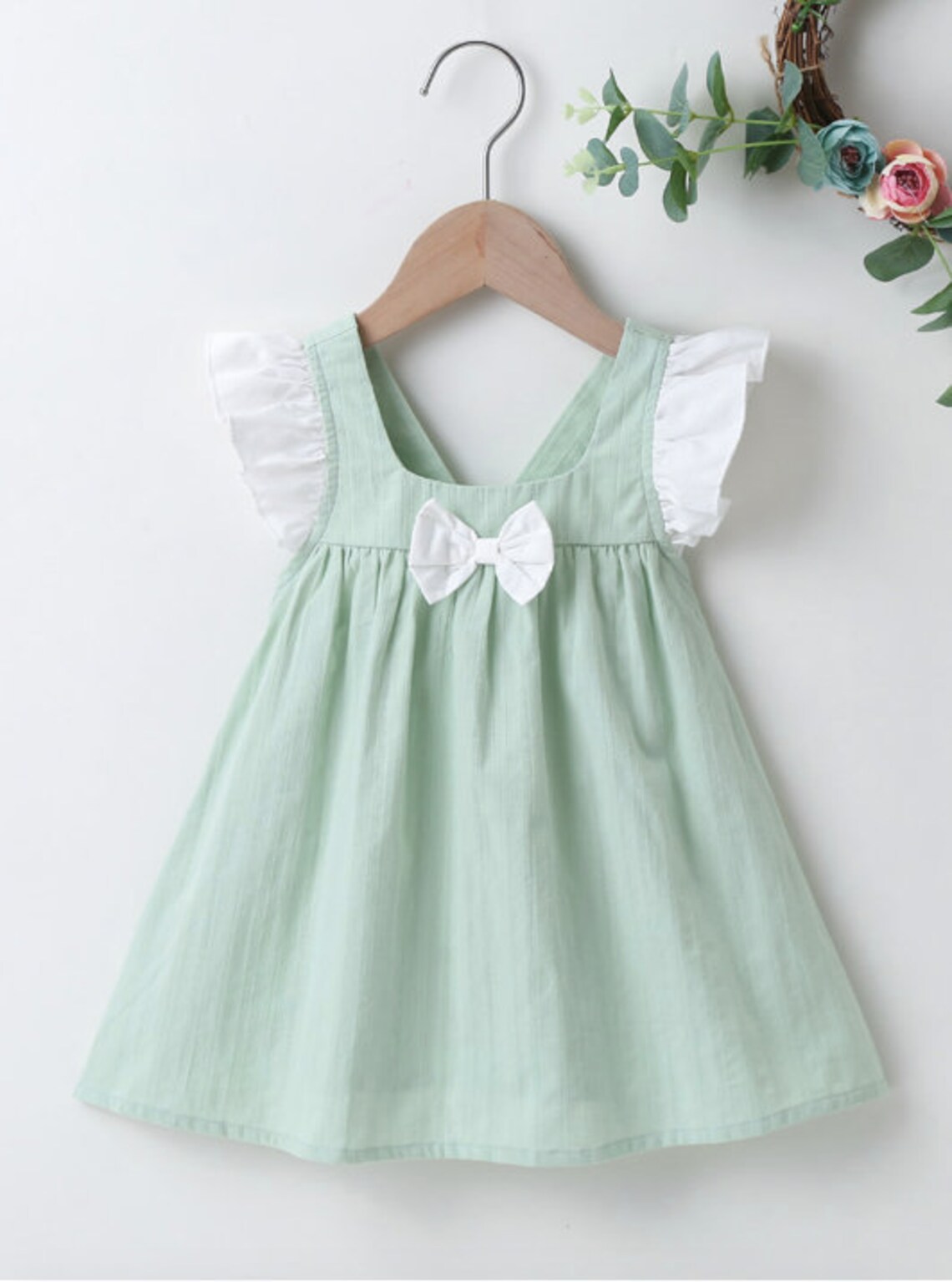 Baby Girl Front Bow Ruffle Cut Mint Sage Green Dress Boho | Etsy