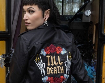 Till Death Do Us Part Black Bride Leather Jacket Custom Bride Jacket Bridal Cover Up Wedding Bride Jacket Rock n Roll Wedding Bride