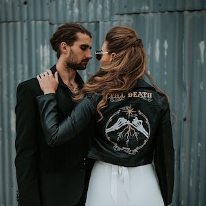 Bride Leather Jacket Embroidered Jacket Till Death Jacket Western Gothic Celestial Wedding Bridal Cover Up Custom Bride Jacket