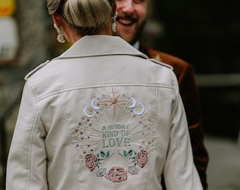 Ivory Cropped Bride Leather Jacket Bridal Cover Up Custom Bride Jacket Zodiac Embroidery Gift from Bridesmaid Sunday Kind of Love