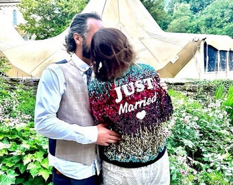 Custom Embroidered Bridal Jacket Sequin Bomber Jacket Sequin Rainbow Bridal Cover Up Just Married Embroidered Wedding Jacket For Bride