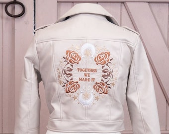 Ivory Cropped Bride Leather Jacket Bridal Cover Up Custom Bride Jacket Zodiac Embroidery Gift from Bridesmaid Together We Made It