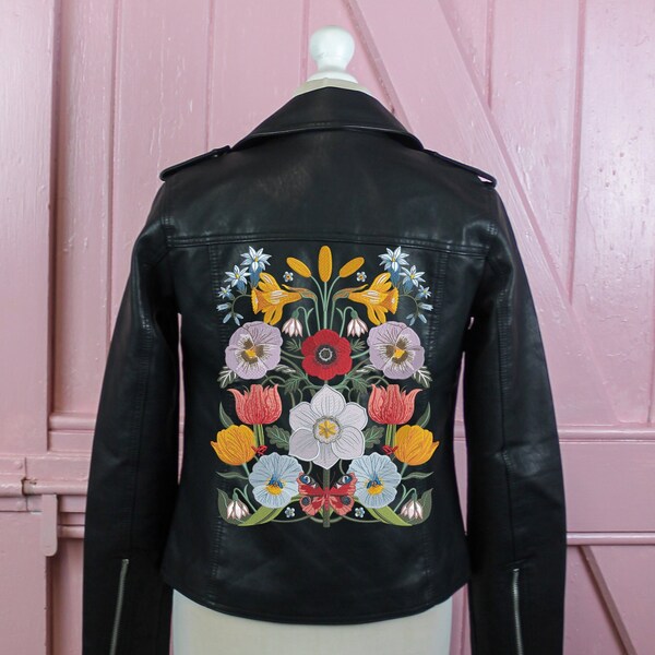 Boho Bride Black Biker Leather Jacket Embroidered Floral Jacket Bridal Cover Up Embroidered Leather Jacket Floral Wedding Boho Wedding