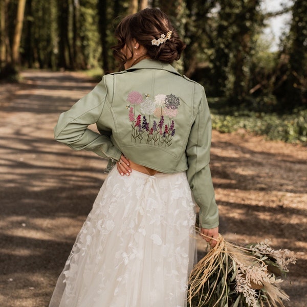 Wildflower Design Green Leather Jacket Cropped Bride Leather Jacket Stunning Bridal Cover Up Custom Bride Jacket