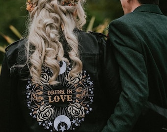Drunk in Love Bride Leather Jacket Stunning Bridal Cover Up Custom Bride Jacket Zodiac Embroidery Celestial Dress
