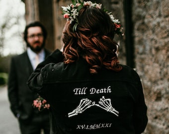 Til Death Do Us Part Custom Denim Jacket Embroidered Denim Jacket Halloween Wedding Gothic Wedding Sugar Skull Wedding Cover up